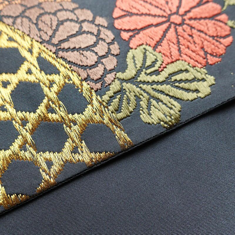 袋帯 六通柄 フォーマル用 正絹 木の葉・植物柄 金糸 帯 青・紺_画像12