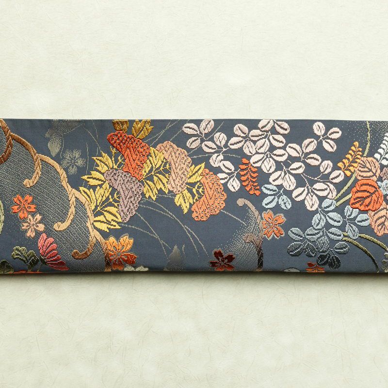 袋帯 六通柄 フォーマル用 正絹 木の葉・植物柄 金糸 帯 青・紺_画像14