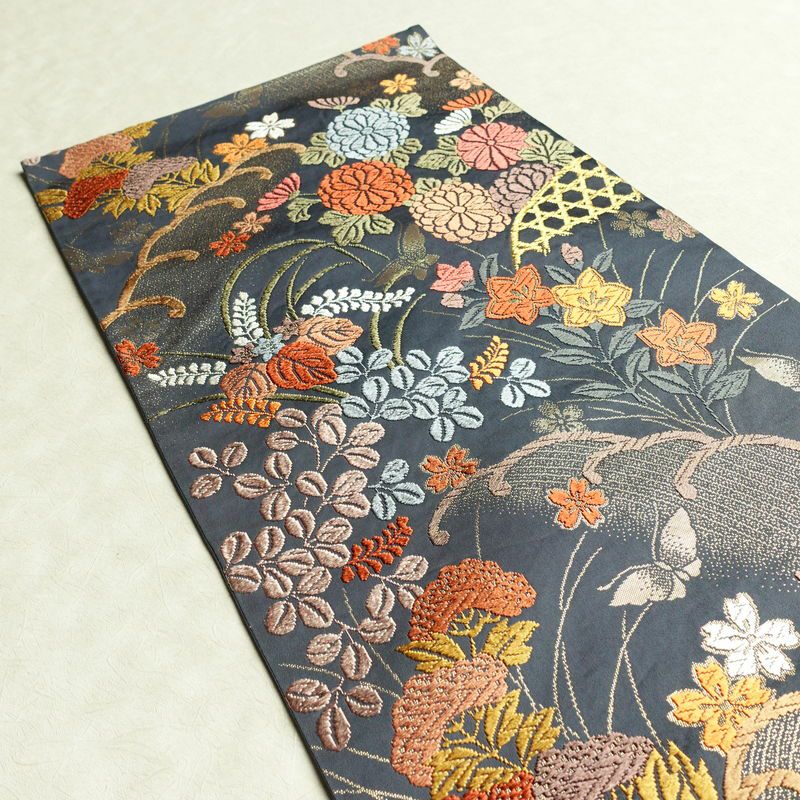 袋帯 六通柄 フォーマル用 正絹 木の葉・植物柄 金糸 帯 青・紺_画像17