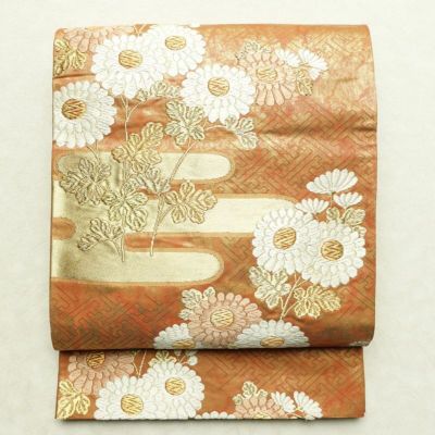 袋帯 太鼓柄 フォーマル用 正絹 花柄 箔 金糸 帯 茶