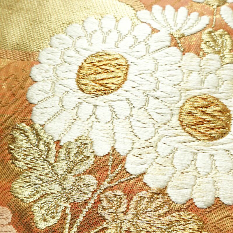 袋帯 太鼓柄 フォーマル用 正絹 花柄 箔 金糸 帯 茶_画像3
