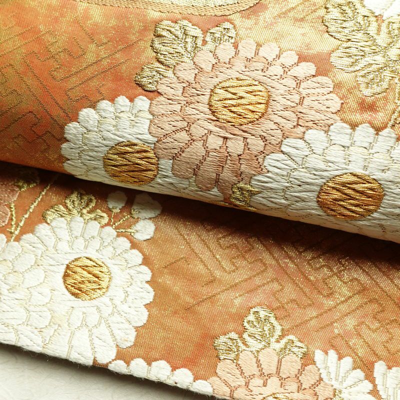 袋帯 太鼓柄 フォーマル用 正絹 花柄 箔 金糸 帯 茶_画像7