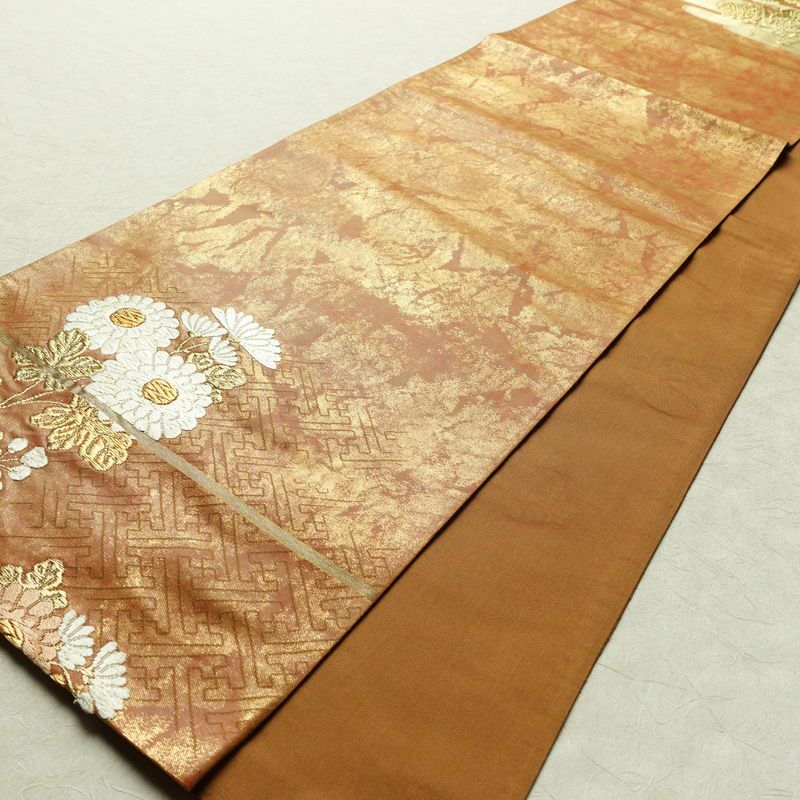 袋帯 太鼓柄 フォーマル用 正絹 花柄 箔 金糸 帯 茶_画像8