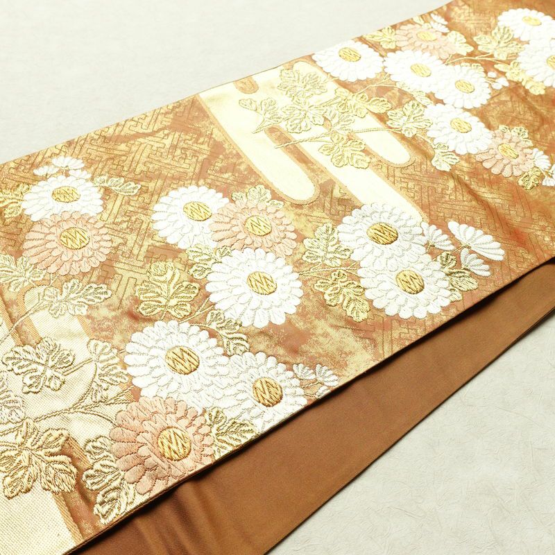 袋帯 太鼓柄 フォーマル用 正絹 花柄 箔 金糸 帯 茶_画像11