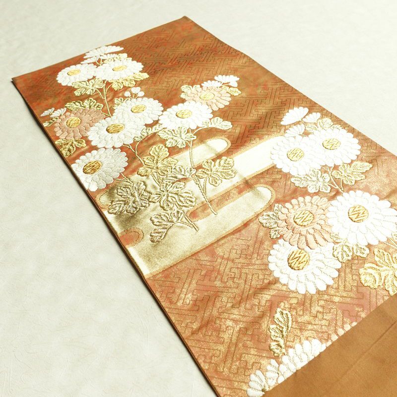 袋帯 太鼓柄 フォーマル用 正絹 花柄 箔 金糸 帯 茶_画像18