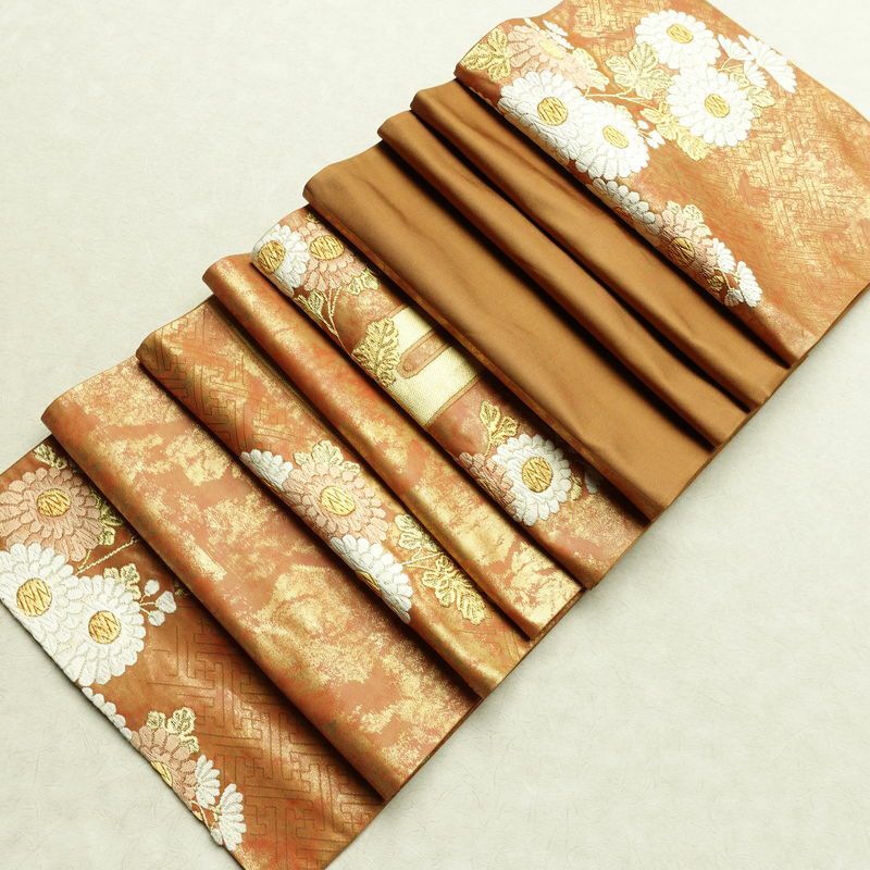 袋帯 太鼓柄 フォーマル用 正絹 花柄 箔 金糸 帯 茶_画像19