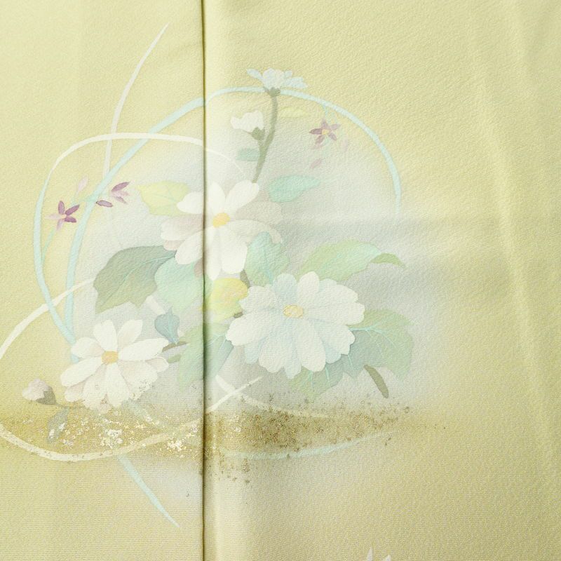 訪問着 良品 縮緬 正絹 花柄 袷仕立て 身丈161.5cm 裄丈63cm 箔 フォーマル 着物 クリーム_画像6