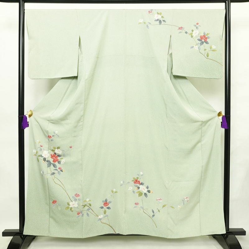 訪問着 縮緬 正絹 花柄 袷仕立て 身丈159cm 裄丈68cm フォーマル 着物 緑・うぐいす色_画像1