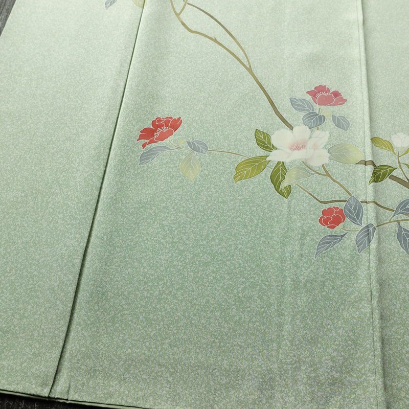 訪問着 縮緬 正絹 花柄 袷仕立て 身丈159cm 裄丈68cm フォーマル 着物 緑・うぐいす色_画像4