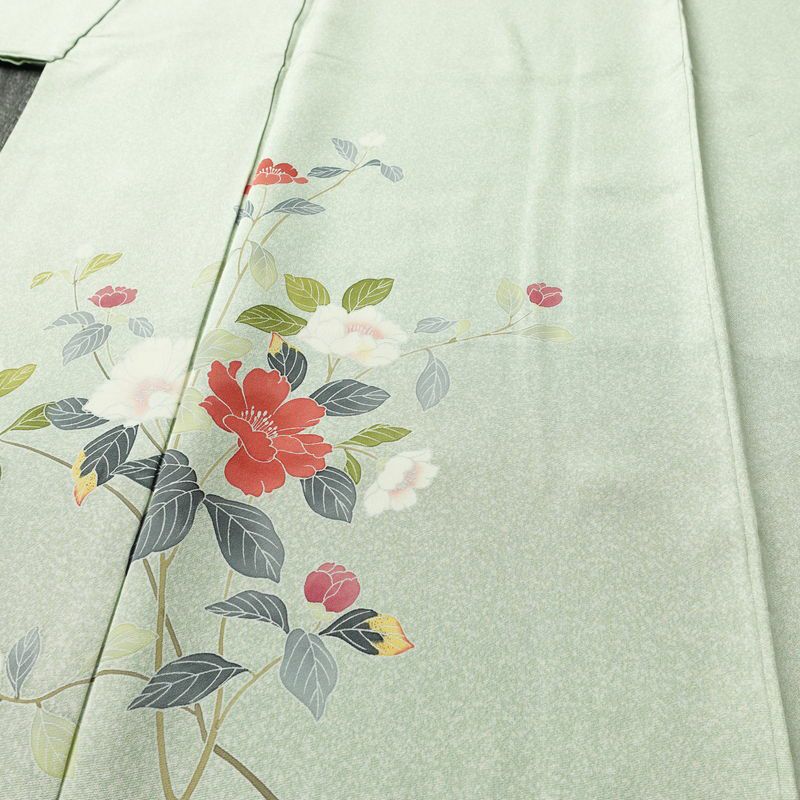 訪問着 縮緬 正絹 花柄 袷仕立て 身丈159cm 裄丈68cm フォーマル 着物 緑・うぐいす色_画像5