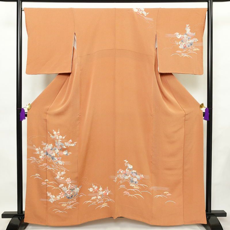 訪問着 縮緬 正絹 花柄 袷仕立て 身丈160.5cm 裄丈67cm 箔 フォーマル 着物 茶_画像1