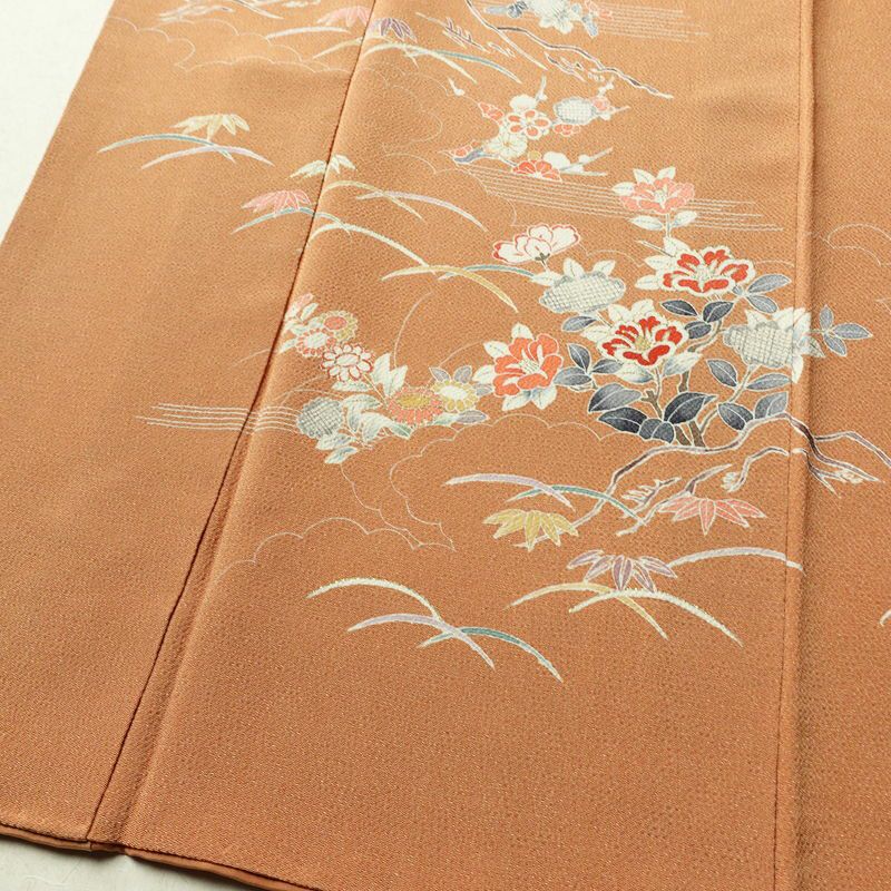 訪問着 縮緬 正絹 花柄 袷仕立て 身丈160.5cm 裄丈67cm 箔 フォーマル 着物 茶_画像4