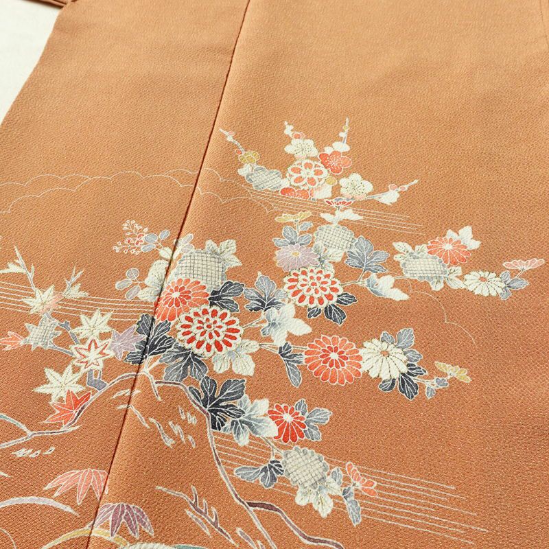 訪問着 縮緬 正絹 花柄 袷仕立て 身丈160.5cm 裄丈67cm 箔 フォーマル 着物 茶_画像5