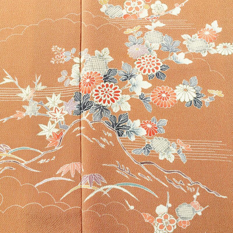 訪問着 縮緬 正絹 花柄 袷仕立て 身丈160.5cm 裄丈67cm 箔 フォーマル 着物 茶_画像6