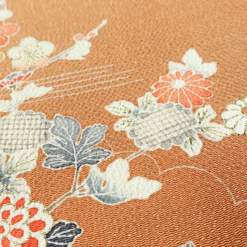 訪問着 縮緬 正絹 花柄 袷仕立て 身丈160.5cm 裄丈67cm 箔 フォーマル 着物 茶_画像8