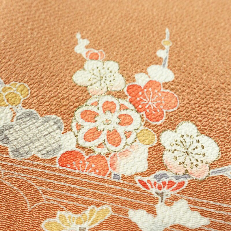 訪問着 縮緬 正絹 花柄 袷仕立て 身丈160.5cm 裄丈67cm 箔 フォーマル 着物 茶_画像9