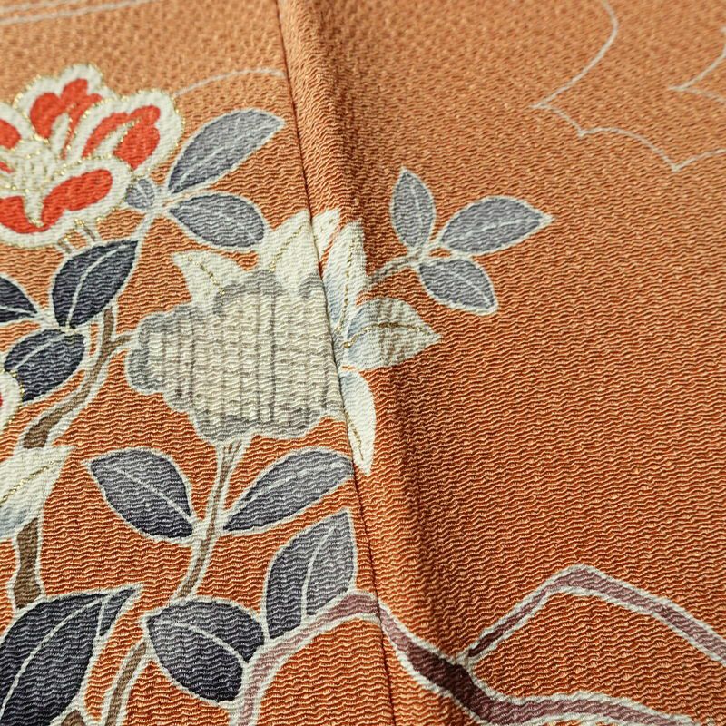 訪問着 縮緬 正絹 花柄 袷仕立て 身丈160.5cm 裄丈67cm 箔 フォーマル 着物 茶_画像11