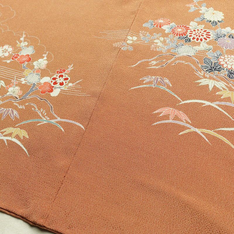 訪問着 縮緬 正絹 花柄 袷仕立て 身丈160.5cm 裄丈67cm 箔 フォーマル 着物 茶_画像13