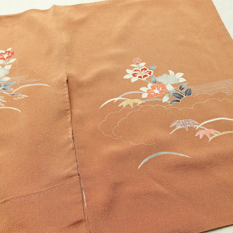 訪問着 縮緬 正絹 花柄 袷仕立て 身丈160.5cm 裄丈67cm 箔 フォーマル 着物 茶_画像14