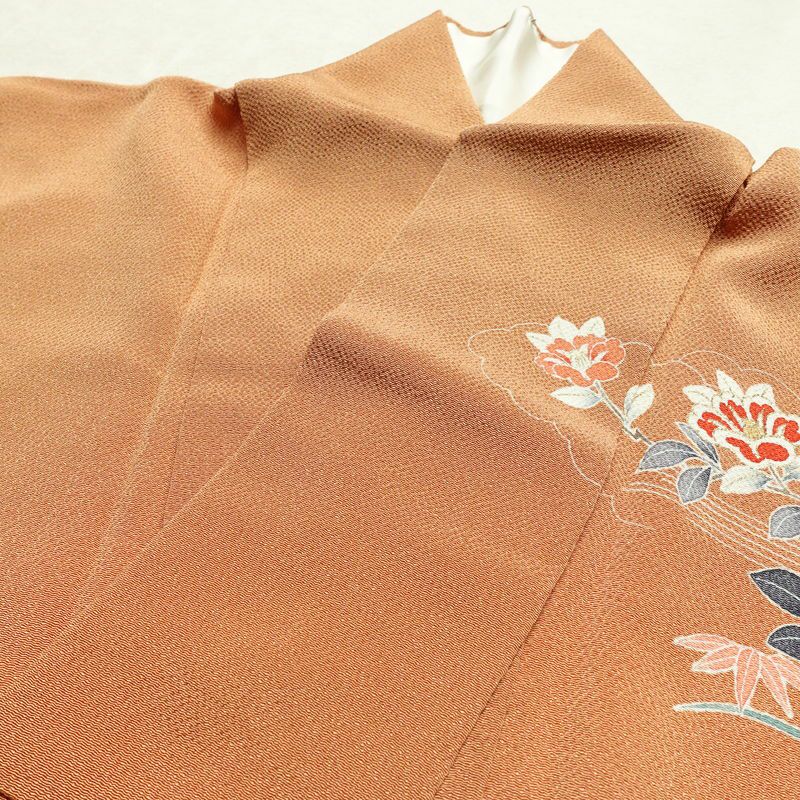 訪問着 縮緬 正絹 花柄 袷仕立て 身丈160.5cm 裄丈67cm 箔 フォーマル 着物 茶_画像15