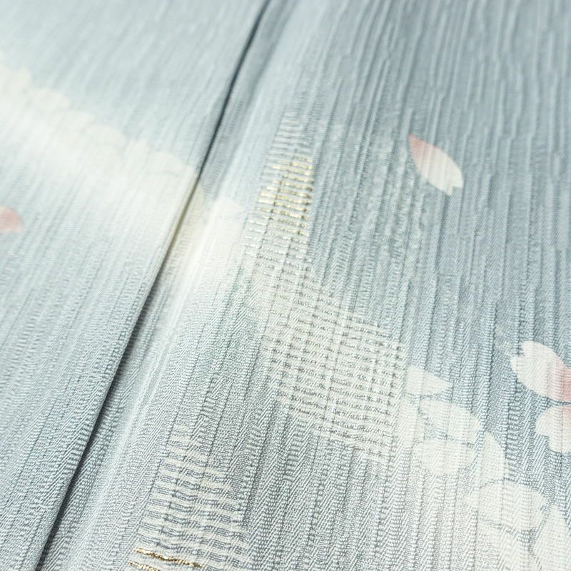 付け下げ 良品 一つ紋付き 正絹 花柄 袷仕立て 身丈155cm 裄丈63.5cm 箔 金彩 フォーマル 着物 青・紺_画像8