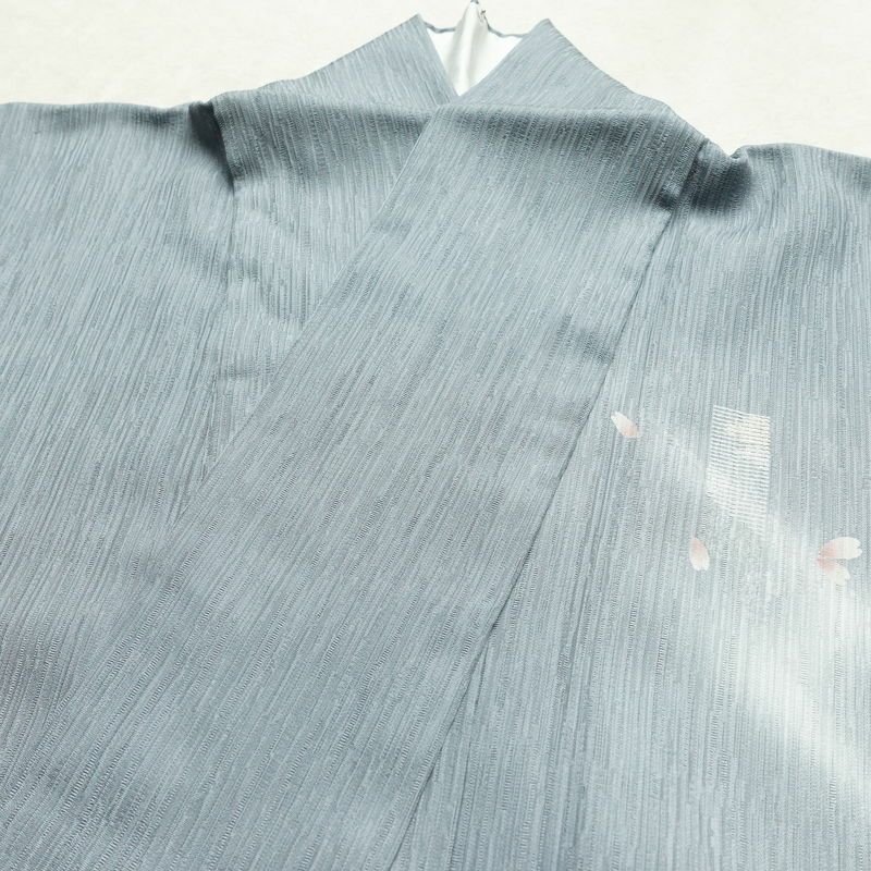 付け下げ 良品 一つ紋付き 正絹 花柄 袷仕立て 身丈155cm 裄丈63.5cm 箔 金彩 フォーマル 着物 青・紺_画像18