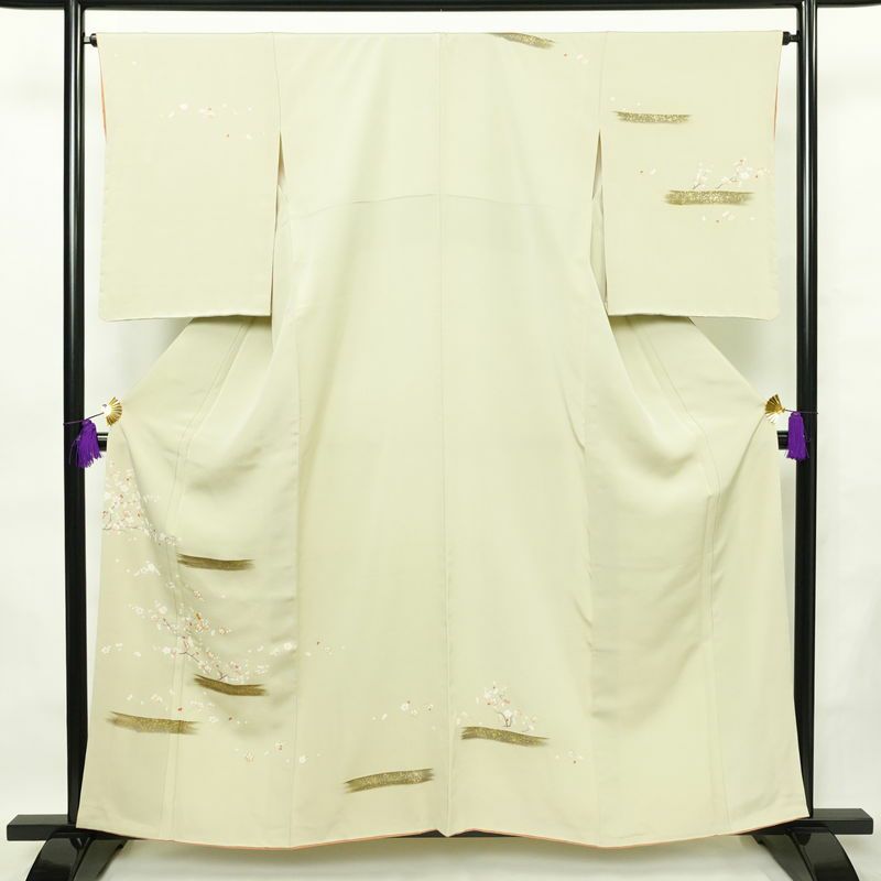 訪問着 良品 しつけ糸付き 金駒刺繍 正絹 花柄 袷仕立て 身丈159.5cm 裄丈65.5cm 箔 金彩 フォーマル 着物 緑・うぐいす色_画像1