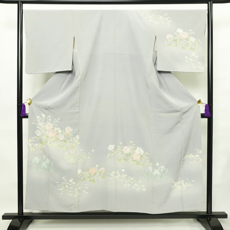 訪問着 縮緬 正絹 花柄 袷仕立て 身丈154cm 裄丈68cm フォーマル 着物 青・紺_画像1