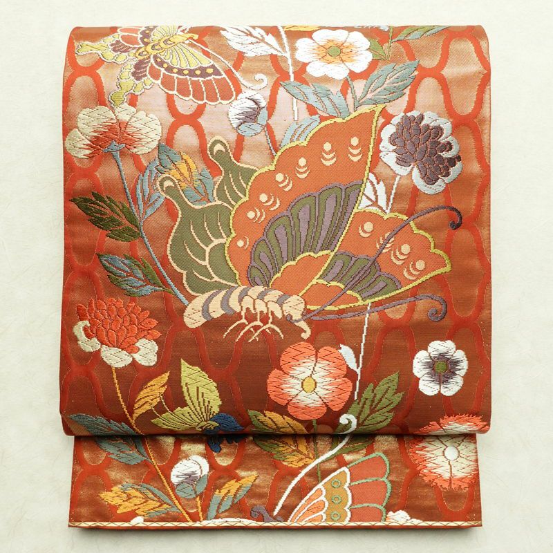 袋帯 六通柄 フォーマル用 正絹 蝶・昆虫柄 箔 刺繍 帯 橙_画像1