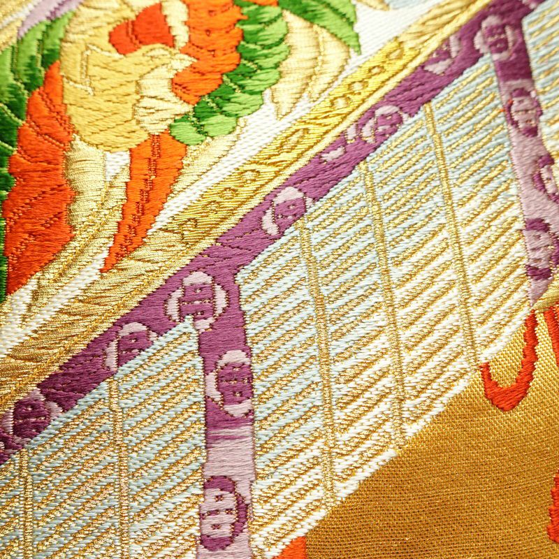 袋帯 王朝絵巻紋 六通柄 フォーマル用 正絹 古典柄 箔 金糸 銀糸 帯 橙_画像3