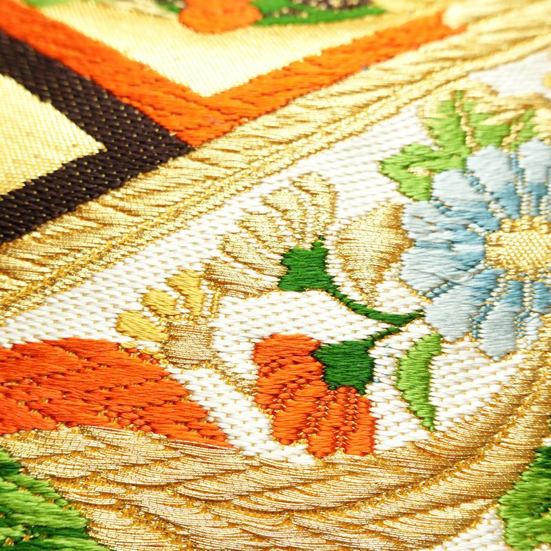 袋帯 王朝絵巻紋 六通柄 フォーマル用 正絹 古典柄 箔 金糸 銀糸 帯 橙_画像4