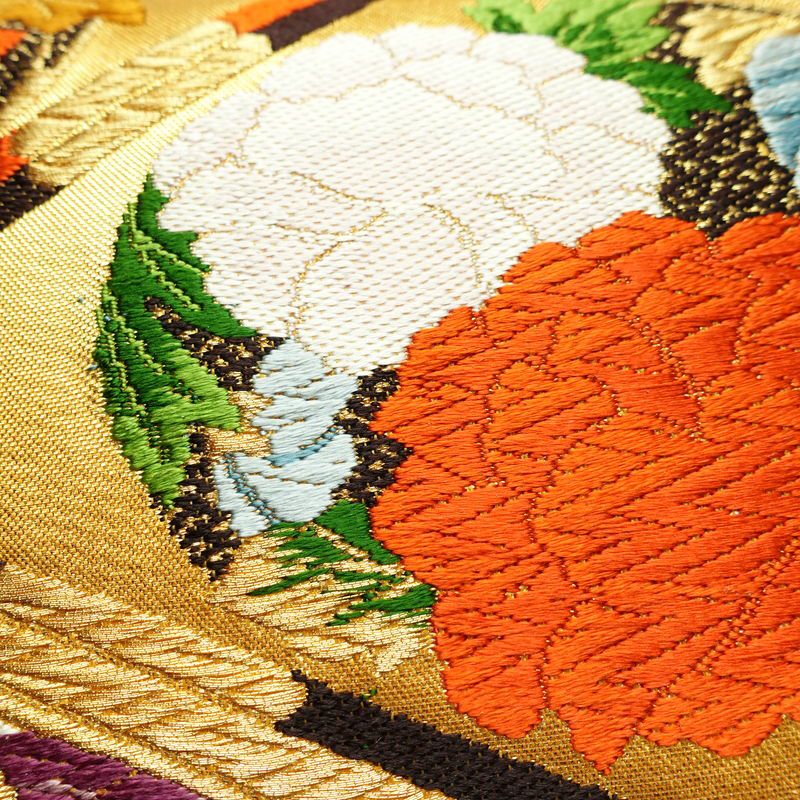 袋帯 王朝絵巻紋 六通柄 フォーマル用 正絹 古典柄 箔 金糸 銀糸 帯 橙_画像5