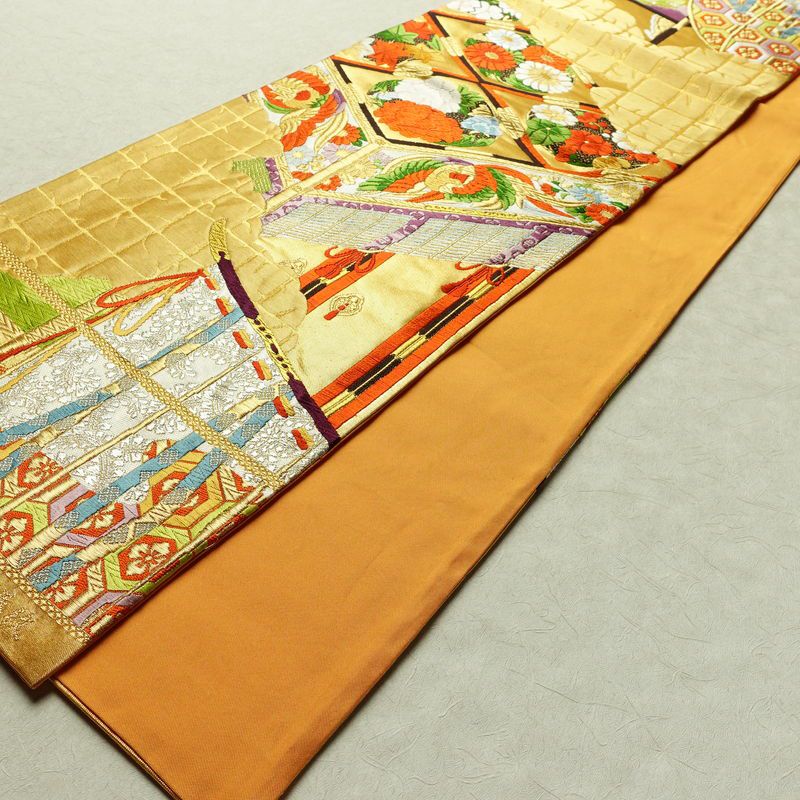 袋帯 王朝絵巻紋 六通柄 フォーマル用 正絹 古典柄 箔 金糸 銀糸 帯 橙_画像9