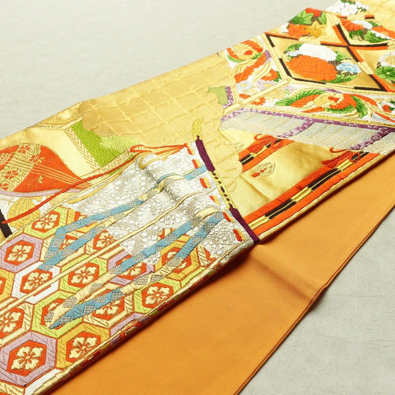 袋帯 王朝絵巻紋 六通柄 フォーマル用 正絹 古典柄 箔 金糸 銀糸 帯 橙_画像12