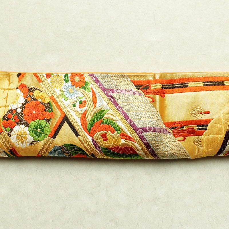 袋帯 王朝絵巻紋 六通柄 フォーマル用 正絹 古典柄 箔 金糸 銀糸 帯 橙_画像16
