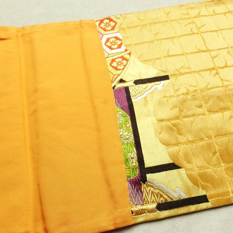 袋帯 王朝絵巻紋 六通柄 フォーマル用 正絹 古典柄 箔 金糸 銀糸 帯 橙_画像17