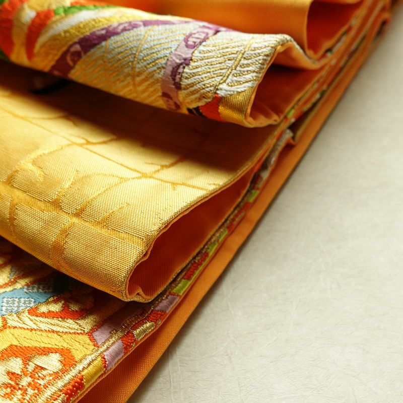 袋帯 王朝絵巻紋 六通柄 フォーマル用 正絹 古典柄 箔 金糸 銀糸 帯 橙_画像23