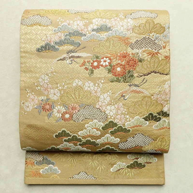 袋帯 六通柄 良品 フォーマル用 正絹 古典柄 金糸 帯 松 黄・黄土色_画像1