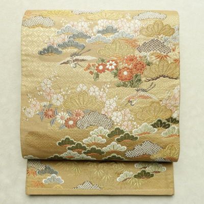 袋帯 六通柄 良品 フォーマル用 正絹 古典柄 金糸 帯 松 黄・黄土色