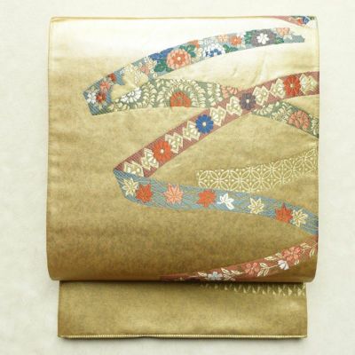 袋帯 六通柄 フォーマル用 正絹 菊 花柄 箔 帯 青・紺 | 六通柄 古着