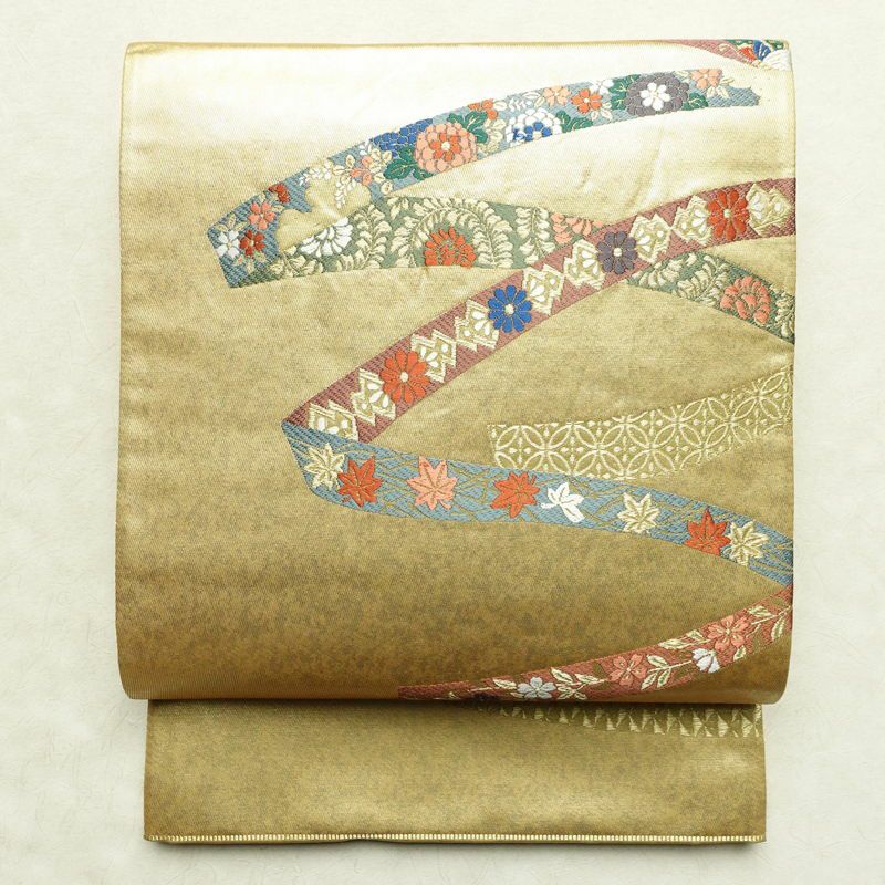 袋帯 六通柄 フォーマル用 正絹 松 菊 紅葉 古典柄 箔 帯 金・銀_画像1