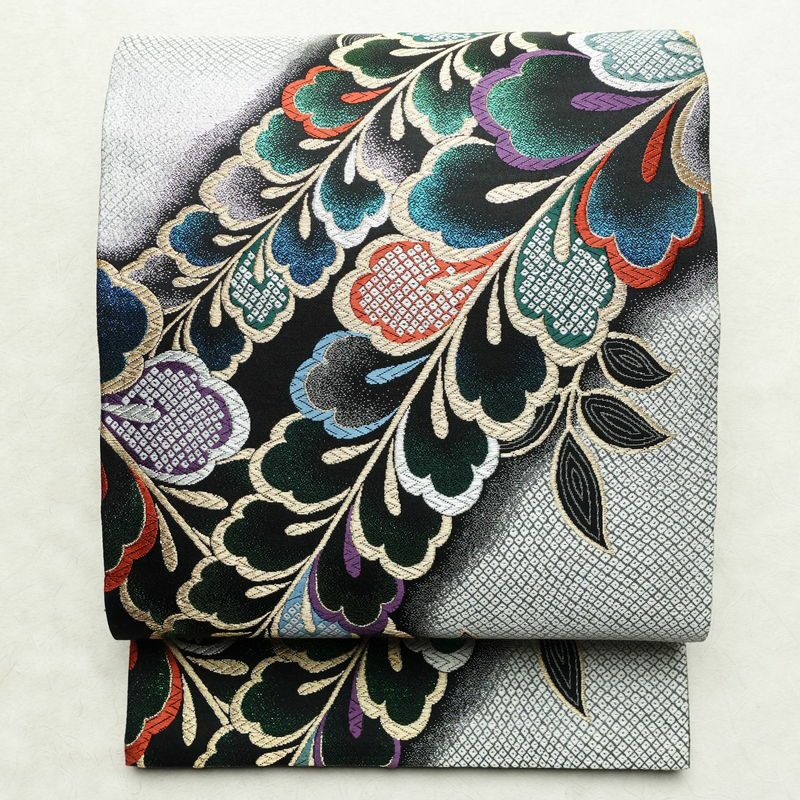 袋帯 全通柄 良品 振袖用 正絹 木の葉・植物柄 箔 金糸 帯 多色使い_画像1