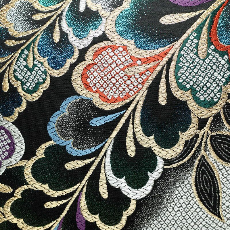 袋帯 全通柄 良品 振袖用 正絹 木の葉・植物柄 箔 金糸 帯 多色使い_画像2