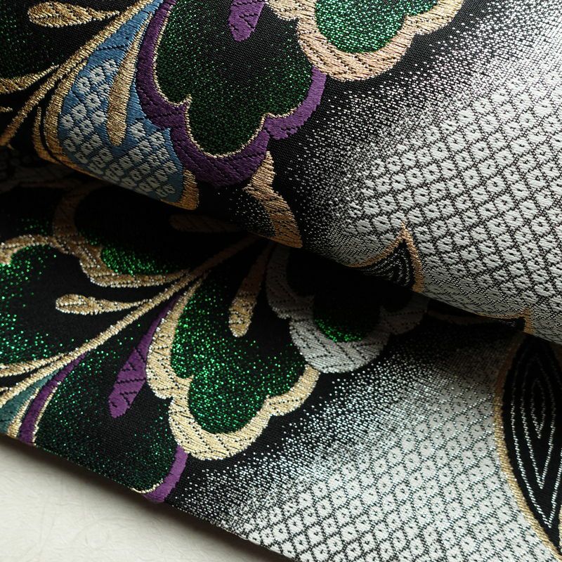 袋帯 全通柄 良品 振袖用 正絹 木の葉・植物柄 箔 金糸 帯 多色使い_画像7