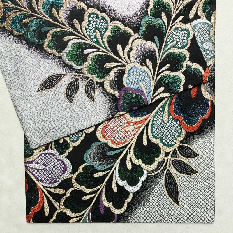 袋帯 全通柄 良品 振袖用 正絹 木の葉・植物柄 箔 金糸 帯 多色使い_画像13