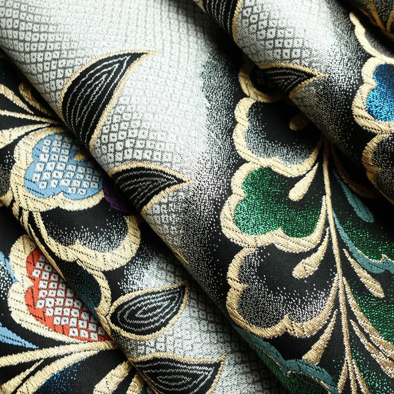 袋帯 全通柄 良品 振袖用 正絹 木の葉・植物柄 箔 金糸 帯 多色使い_画像21