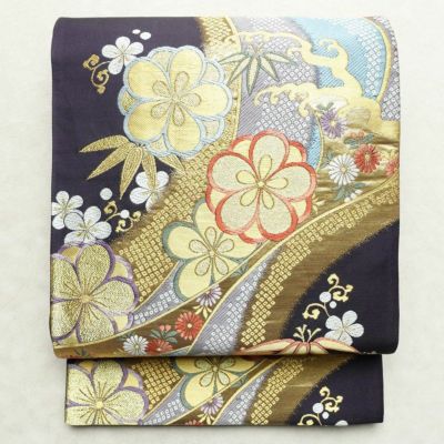 袋帯 西陣織 六通柄 良品 証紙あり フォーマル用 正絹 古典柄 箔 金糸 帯 花紀行 紫・藤色