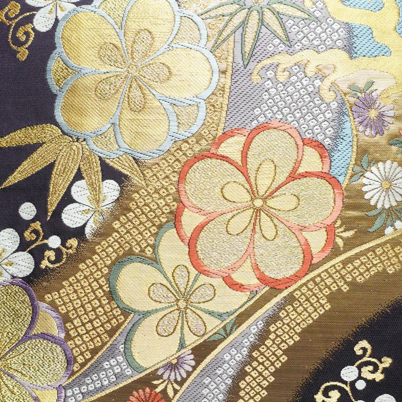 袋帯 西陣織 六通柄 良品 証紙あり フォーマル用 正絹 古典柄 箔 金糸 帯 花紀行 紫・藤色_画像2