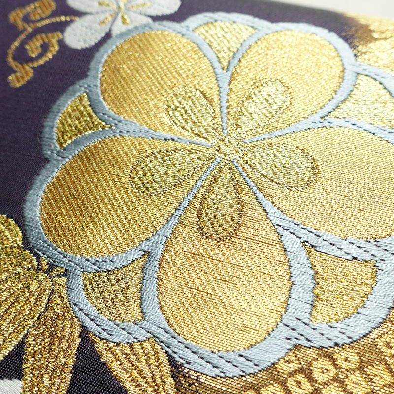 袋帯 西陣織 六通柄 良品 証紙あり フォーマル用 正絹 古典柄 箔 金糸 帯 花紀行 紫・藤色_画像5