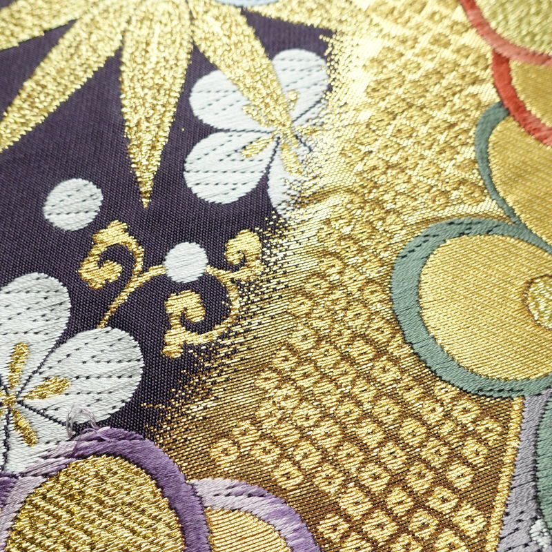 袋帯 西陣織 六通柄 良品 証紙あり フォーマル用 正絹 古典柄 箔 金糸 帯 花紀行 紫・藤色_画像6